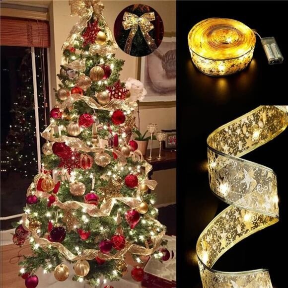32ft 100 LED Christmas Tree String Lights with Gold Ribbon Bows -Battery Powered - Picture 1 of 7
